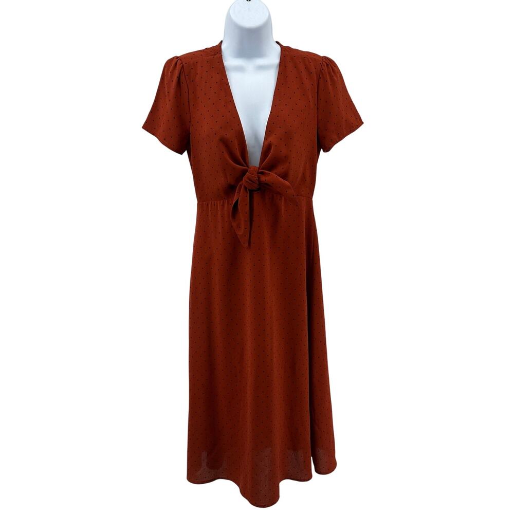 Re:named Dress SZ S Orange Black Polka Dot Tie Front V-Neck Short Sleeve Lined